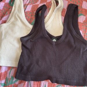 Ribbed Knit Tank Top - Cream and Brown